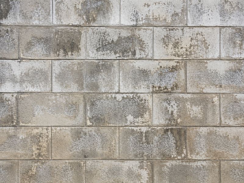 Fleckiger dunkler Bewuchs auf einer Kellerwand aus grauen Betonsteinen