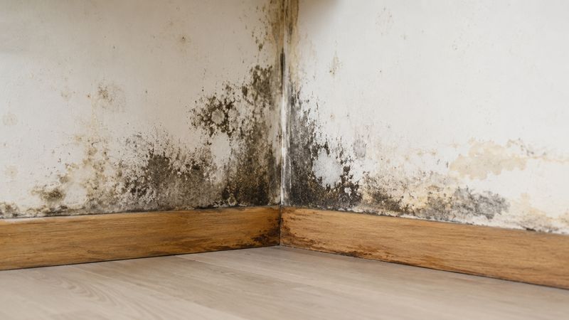 Dunkler Schimmelbefall in einer Zimmerecke oberhalb der Sockelleiste