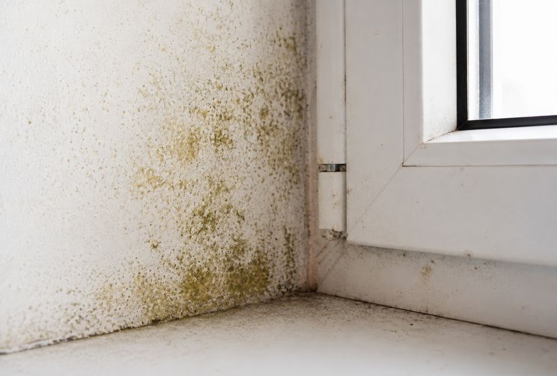 Gelblich grüner Schimmelbewuchs an einer Wandecke neben einem Fenster