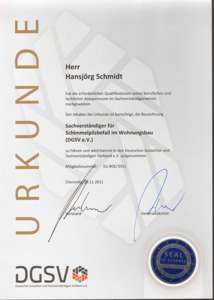 Urkunde des Deutschen Gutachter und Sachverständigen Verbandes für Hansjörg Schmidt als Sachverständiger für Schimmelpilzbefall im Wohnungsbau